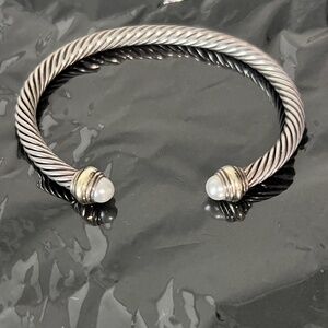 David Yurman Sterling Silver & 14k Gold Pearl 5mm Cable Cuff Size S Bracelet